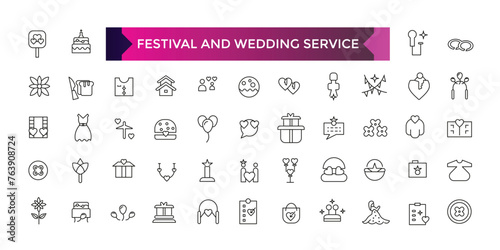 Festival and wedding seervice icon set. Gift and surprise line icons collection. Holiday, cake, present, stars icons. UI icon set.