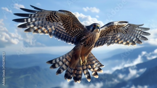 Flying falcon with hunt. Blue sky background. Bird: Lesser Kestrel. Falco naumanni. photo