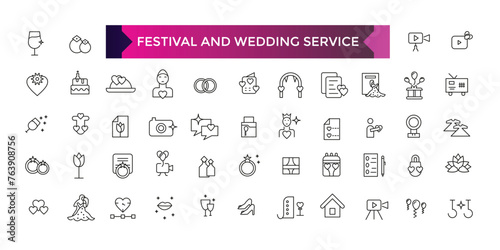 Festival and wedding seervice icon set. Gift and surprise line icons collection. Holiday, cake, present, stars icons. UI icon set.