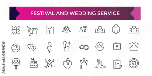 Festival and wedding seervice icon set. Gift and surprise line icons collection. Holiday, cake, present, stars icons. UI icon set.