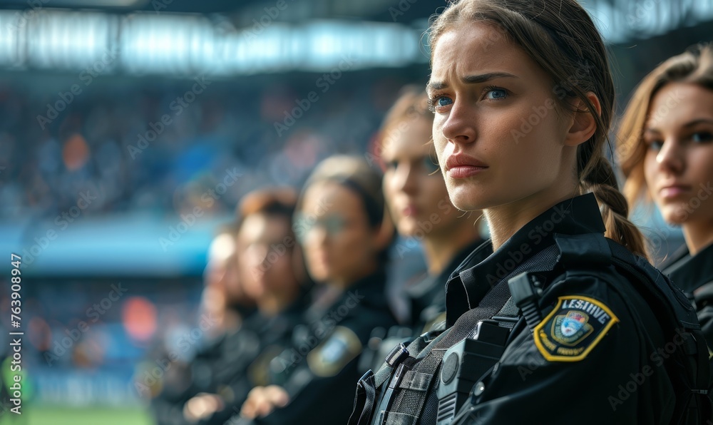 Security group with team security background. Security focus in football stadium Security group with team security background. Security focus in football stadium