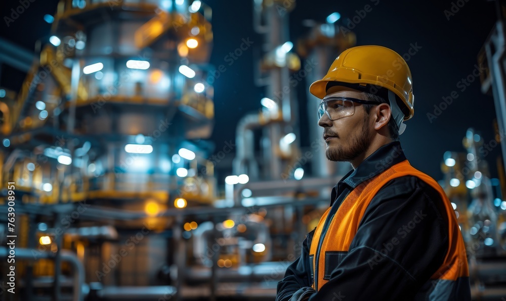 man engineer in uniform working and check outside factory of Large oil pipeline and gas pipeline in the process of oil refining and the movement of oil and gas man engineer in uniform working and check outside factory of Large oil pipeline and gas pipeline in the process of oil refining and the movement of oil and gas