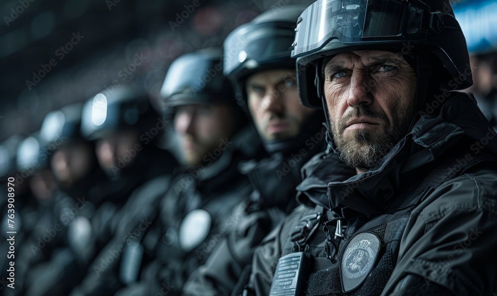 Fototapeta premium Security group with team security background. Security focus in football stadium