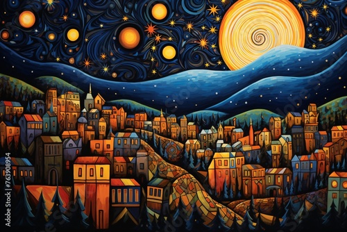 a painting of a city in the night sky