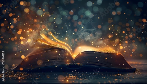 Open book on the wooden table and dark background with shimmering and shiny bronze and gold lights photo