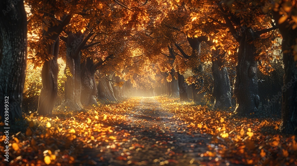 Autumn Alley with Beautiful Golden Colors and Leaves. Foliage, Leaf, Fall, Forest, Tree, Path, Road, Light, Background, Wallpaper, Season, Wood, Sun, Gold
