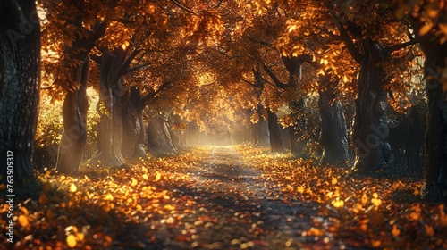 Autumn Alley with Beautiful Golden Colors and Leaves. Foliage, Leaf, Fall, Forest, Tree, Path, Road, Light, Background, Wallpaper, Season, Wood, Sun, Gold 
