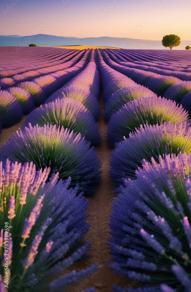 Obraz premium Lavender field in Provence. Sunset. Vertical frame. Wallpaper, screensaver, cover, background. High quality photo