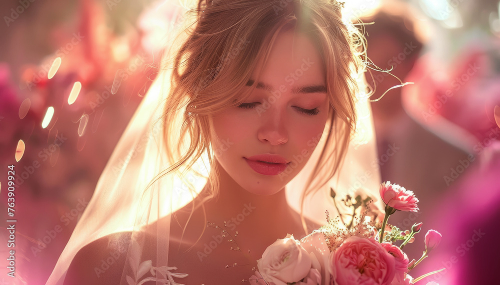 A tender and sensual bright girl bride posing in a wedding dress.