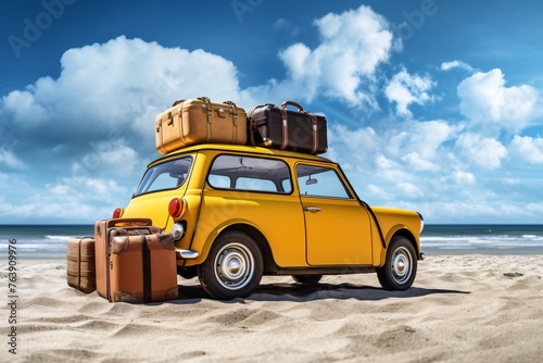 a yellow car with luggage on top on a beach