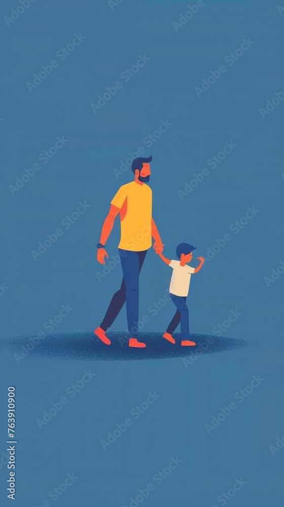 Stylized illustration of dad and son walking hand in hand, minimal design