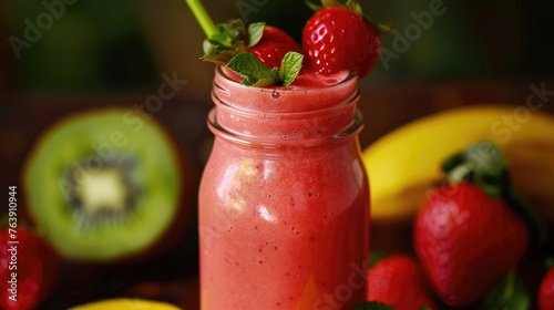 Fruit smoothie in a glass jar. Summer vibe