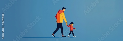 Modern illustration of father walking with his young son in colorful attire against blue backdrop