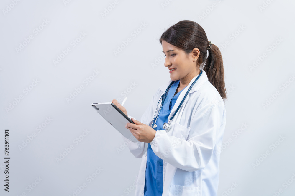 Confident Middle aged Female medical doctor Asian people in white lab coat isolated on white background. Confident Middle aged Female medical doctor Asian people in white lab coat isolated on white background.