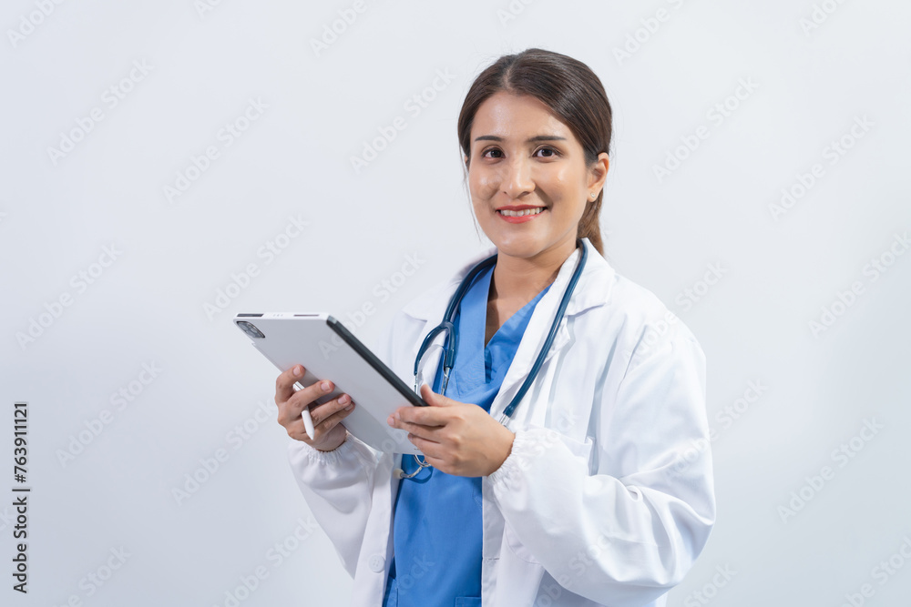 Confident Middle aged Female medical doctor Asian people in white lab coat isolated on white background. Confident Middle aged Female medical doctor Asian people in white lab coat isolated on white background.