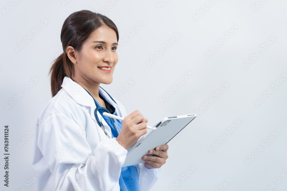 Confident Middle aged Female medical doctor Asian people in white lab coat isolated on white background. Confident Middle aged Female medical doctor Asian people in white lab coat isolated on white background.