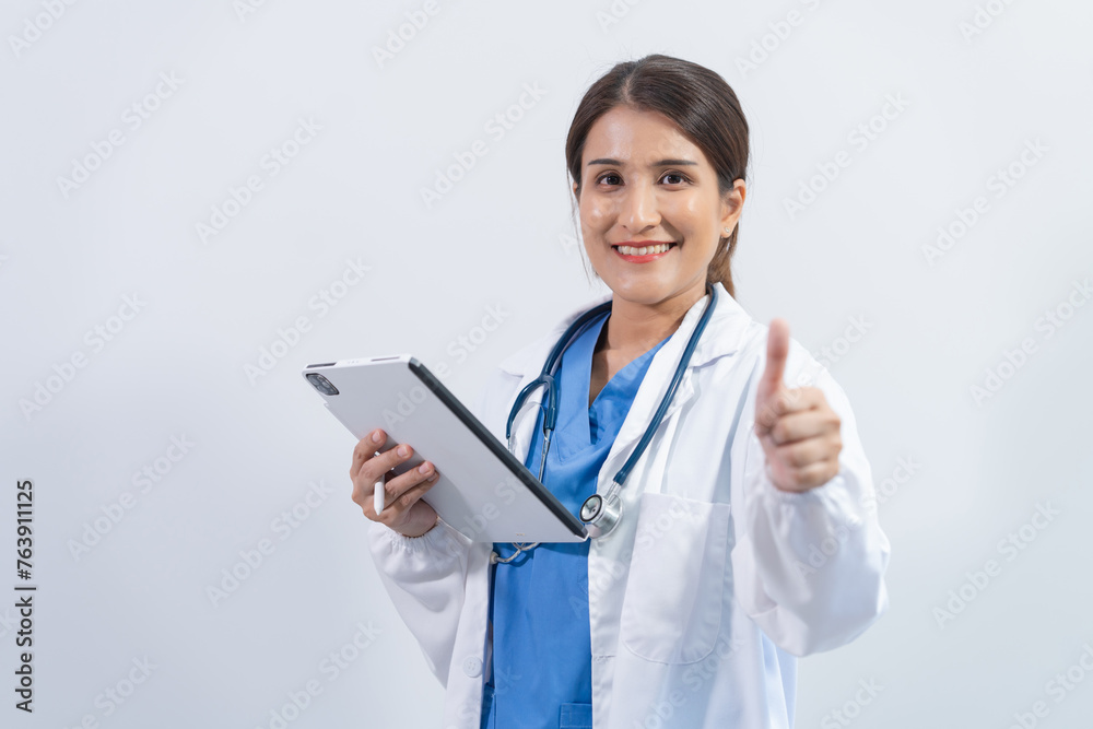 Confident Middle aged Female medical doctor Asian people in white lab coat isolated on white background. Confident Middle aged Female medical doctor Asian people in white lab coat isolated on white background.