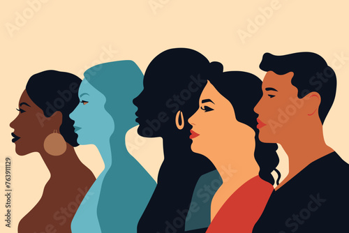 Silhouette profile group of men and women of diverse culture. Diversity multi-ethnic and multiracial people. Concept of racial equality and anti-racism. Multicultural society. Friendship