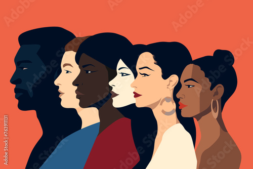 Silhouette profile group of men and women of diverse culture. Diversity multi-ethnic and multiracial people. Concept of racial equality and anti-racism. Multicultural society. Friendship