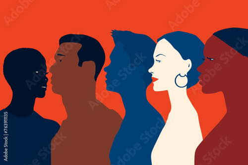 Silhouette profile group of men and women of diverse culture. Diversity multi-ethnic and multiracial people. Concept of racial equality and anti-racism. Multicultural society. Friendship