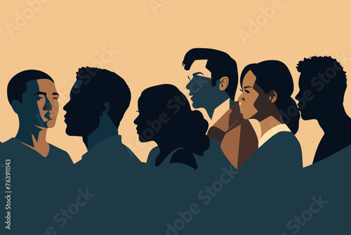 Silhouette profile group of men and women of diverse culture. Diversity multi-ethnic and multiracial people. Concept of racial equality and anti-racism. Multicultural society. Friendship