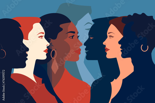 Silhouette profile group of men and women of diverse culture. Diversity multi-ethnic and multiracial people. Concept of racial equality and anti-racism. Multicultural society. Friendship