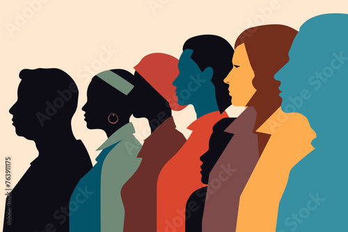 Silhouette profile group of men and women of diverse culture. Diversity multi-ethnic and multiracial people. Concept of racial equality and anti-racism. Multicultural society. Friendship