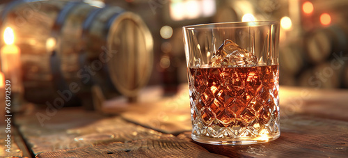 glass of whisky positioned elegantly on a rustic wooden table, with a whisky barrel visible in the background. AI generative.