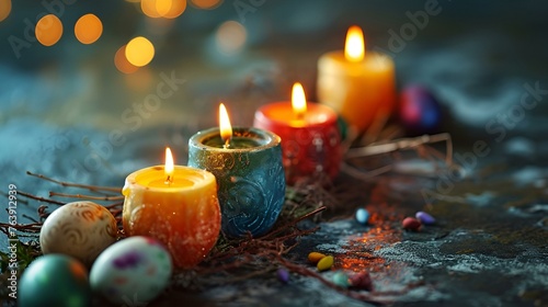 Candle and Christmas garland on a blanket. Selective focus 