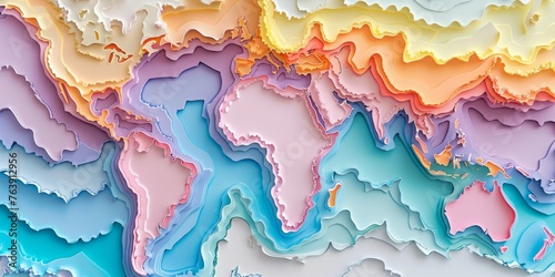 Topographic World map created in a layered paper cut style with delineation of the borders of European countries. A voluminous, geographically candle pastel decorative map depicting relief. photo