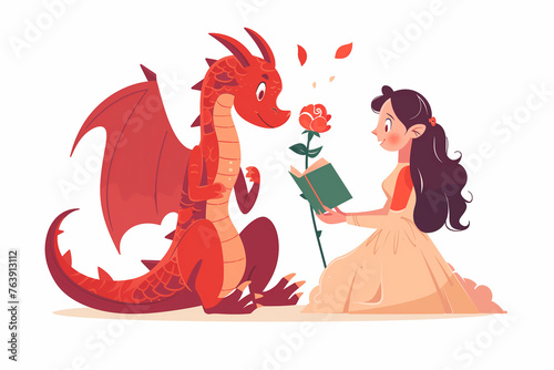 Illustration for Sant Jordi's Day in Catalonia. Tradition of giving roses and books, April 23rd. Day of the book and lovers. A princess gives a rose to the dragon. photo