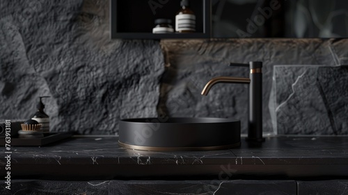 Stylish black marble vessel round sink and faucet on stone countertop. Interior design of modern bathroom.