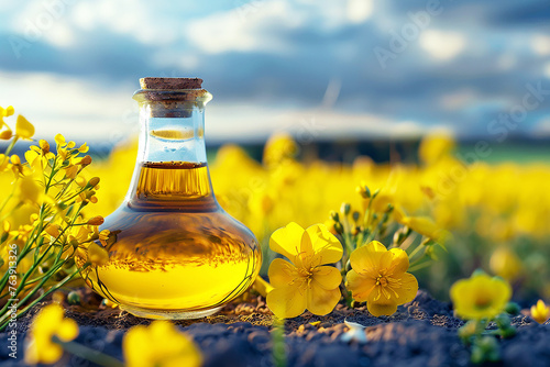 Rapeseed oil in a bottle and a field of flowering rapeseed in the background. AI generativ. © Dar1930