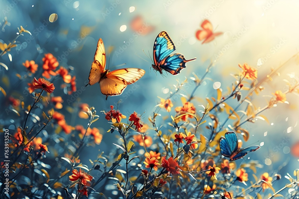 Two Vibrant Butterflies, One Orange and One Blue, Flutter Among Colorful Flowers in a Sunlit Garden Two Vibrant Butterflies, One Orange and One Blue, Flutter Among Colorful Flowers in a Sunlit Garden