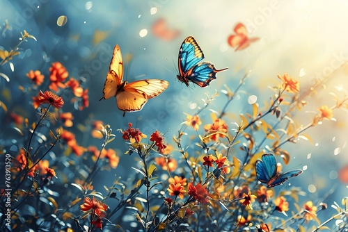 Beautiful background with meadow flowers and butterflies
