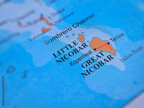 Little Nicobar and Great Nicobar on a map of India with blur effect. photo