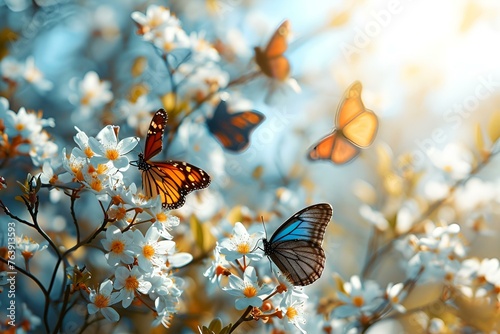 Colorful butterflies floating on red misty yellow flowers 