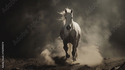 a white horse captured in full gallop as it kicks up a cloud of dust against a dark and moody background in a stunning display of power and grace photo