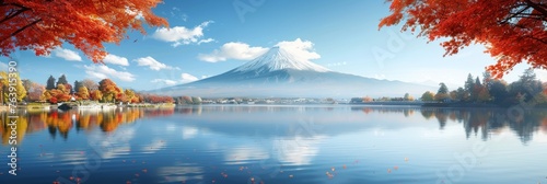 Mtfuji  tallest volcano in tokyo, japan, snow capped peak, autumn red trees nature landscape photo