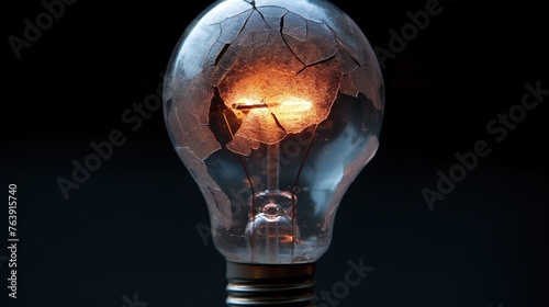Broken light with cracked bulb on black background. AI photo