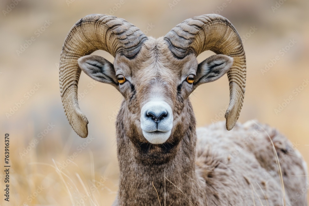 A closeup portrait of a North American big horn sheep with impressive horns standing in the grasslands during sunshine in the morning in a jungle forest