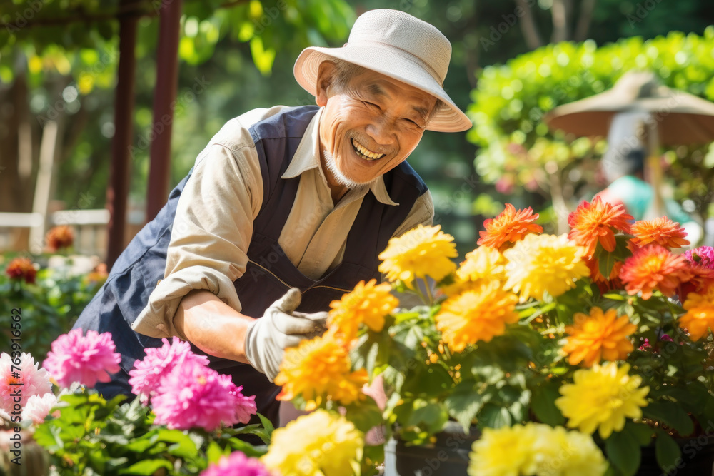 Smiling Asian man in hat tending to garden flowers in daylight Smiling Asian man in hat tending to garden flowers in daylight