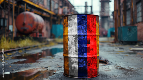 Russian oil, oil barrel background, Russia flag on barrel, sanctions on Russian oil. AI photo