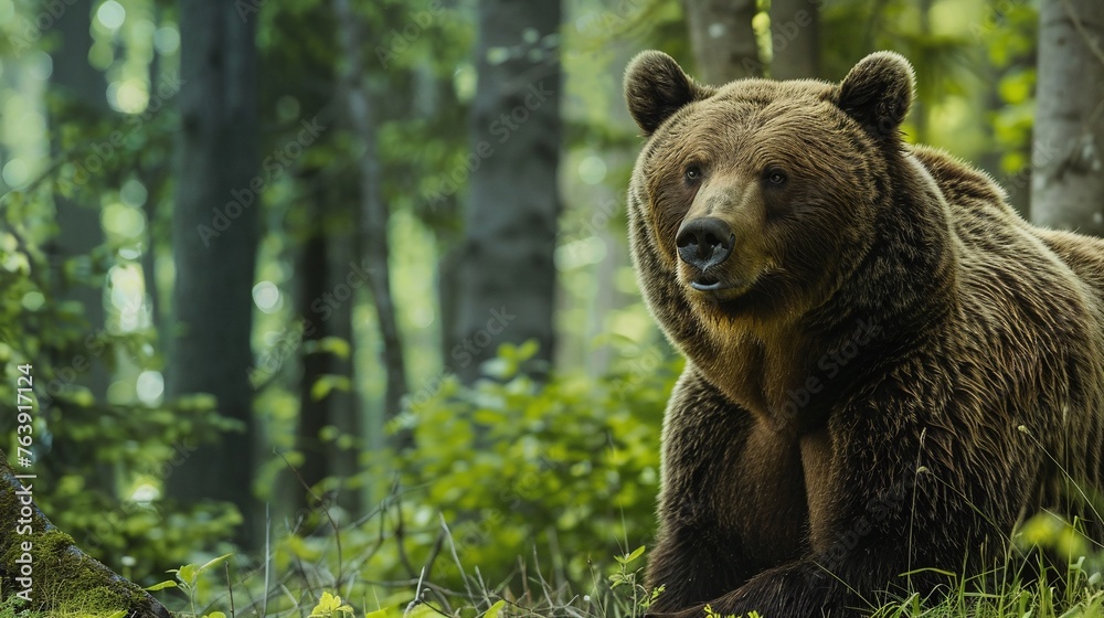 Fototapeta premium solitary grizzly bear captured sitting in its natural forest habitat