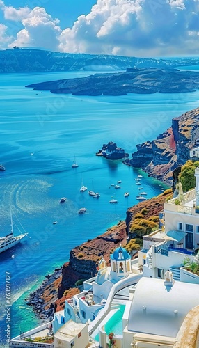Santorini greece daytime panorama  fira and oia towns with white houses, cliffs, and island backdrop