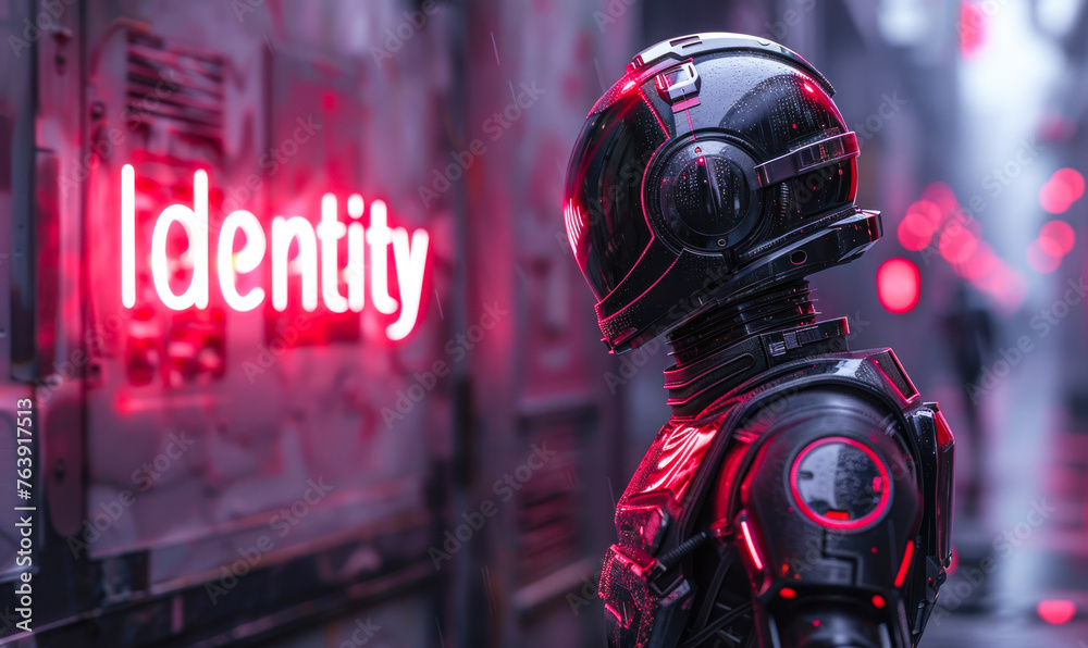 Futuristic robot concept with Identity neon sign reflecting the modern challenges of technology, artificial intelligence, and identity recognition