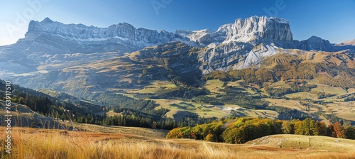 Tranquil swiss alps majestic mountain range and lush valleys in serene countryside