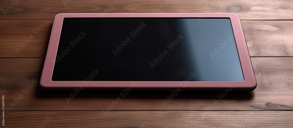 Arafed tablet computer placed on a wooden table, displaying a black screen, creating a sleek and modern tech workspace Arafed tablet computer placed on a wooden table, displaying a black screen, creating a sleek and modern tech workspace