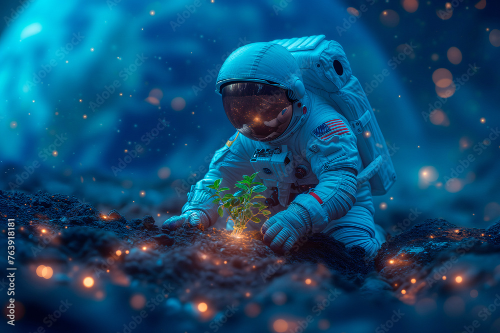 Astronaut on Another Planet Or Moon Discover New Life. Space Travel ...