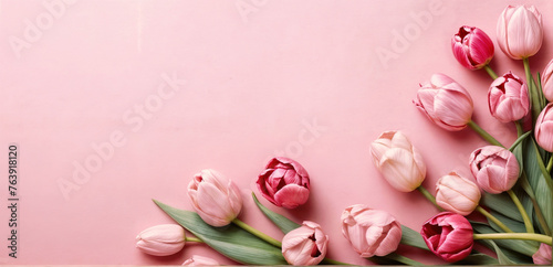 Spring tulip flowers at the corner of banner on pink background top view in flat lay style. Greeting for Womens or Mothers Day or Spring Sale Banner, copyspace for texts